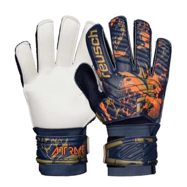 Guantes de portero de fútbol Reusch de color azul y naranja.