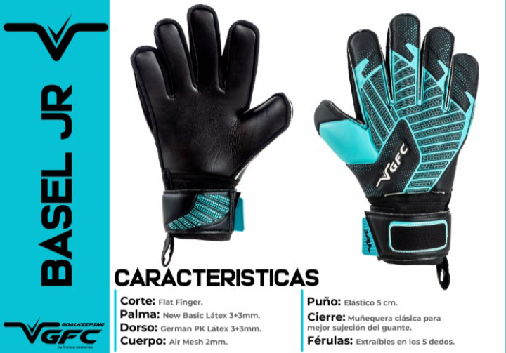 Guantes de portero Basel Jr. en color negro y verde azulado con descripción: corte de dedos plano, palma de látex New Basic, dorso de látex PK alemán y muñeca elástica.