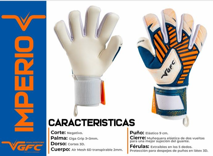 Guantes de portero de fútbol, ​​color blanco/azul/naranja, con texto que describe características: corte, palma, dorso, cuerpo, puño, cierre y refuerzos rígidos.
