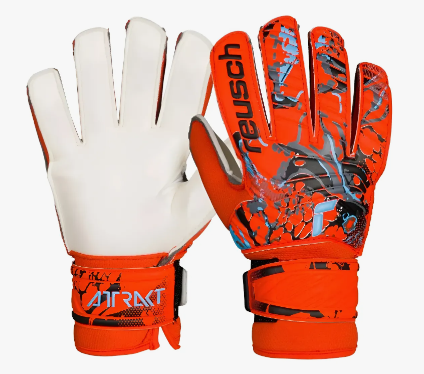 Guantes de portero de fútbol Reusch de color naranja y blanco con diseño gráfico y correa de muñeca.