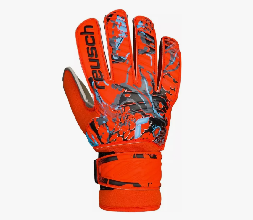 Guantes de portero de fútbol Reusch de color naranja y blanco con diseño gráfico y correa de muñeca.