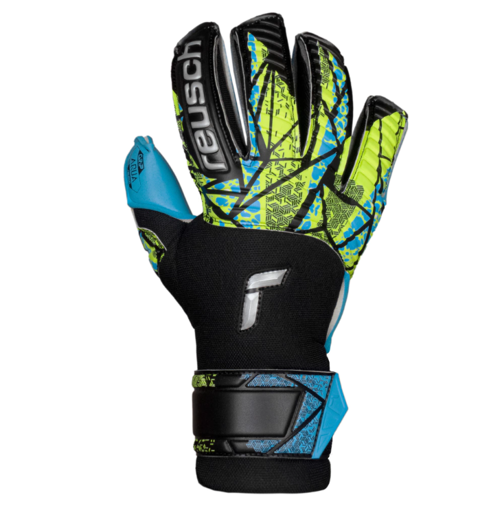Guantes de portero de fútbol Reusch azules y verdes. Correa negra con logotipo.