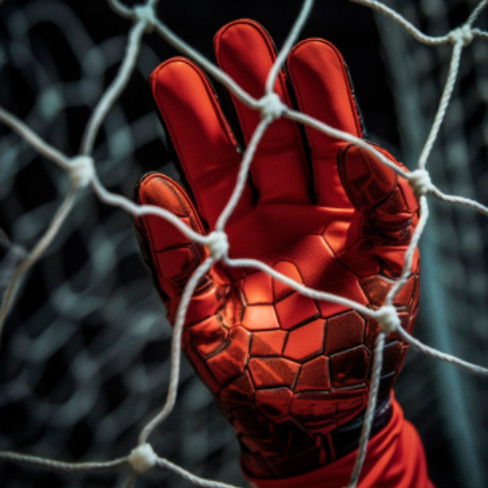 Guante de portero rojo agarrando la portería de fútbol.