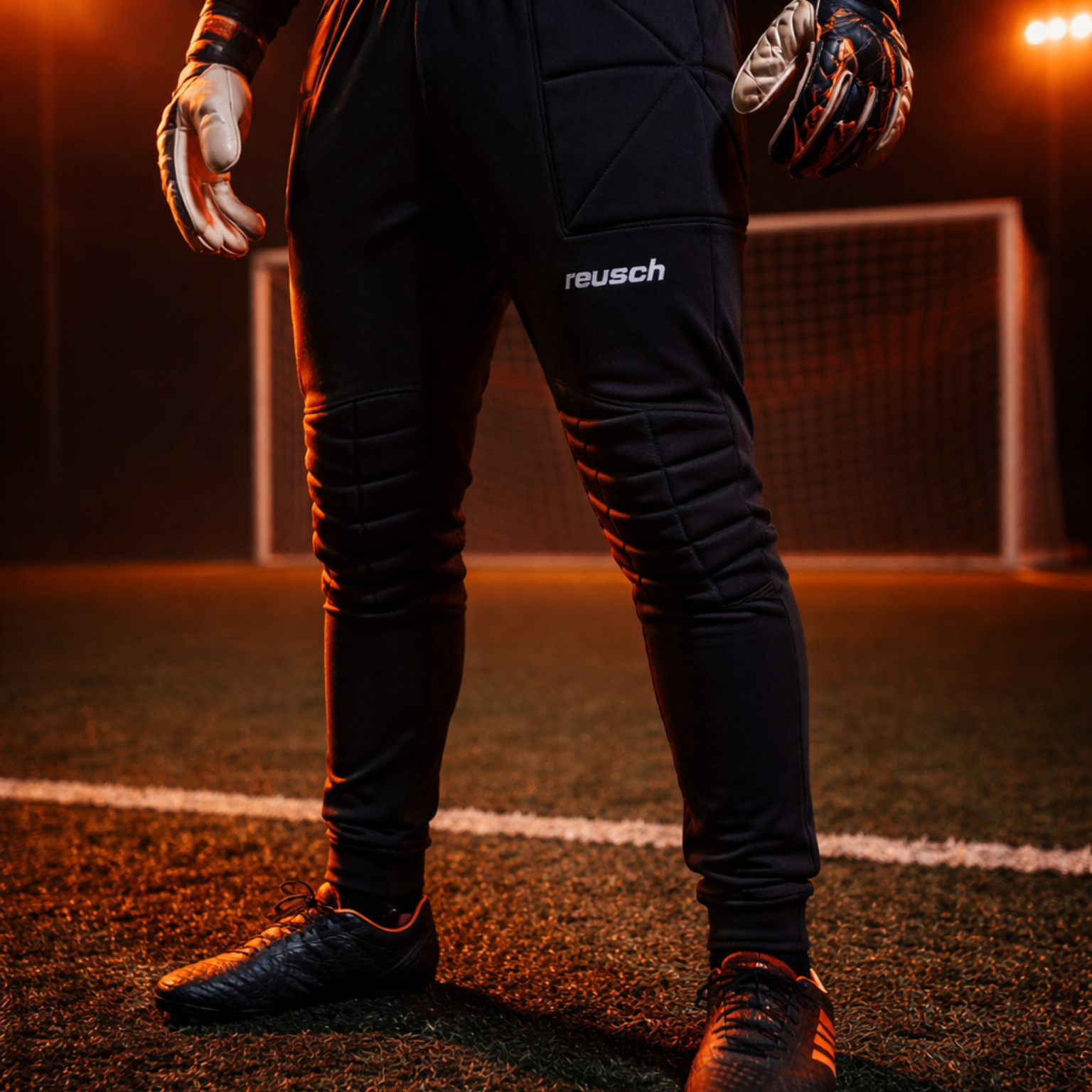 El portero de fútbol con uniforme negro se encuentra en el campo, con guantes, frente a la portería.
