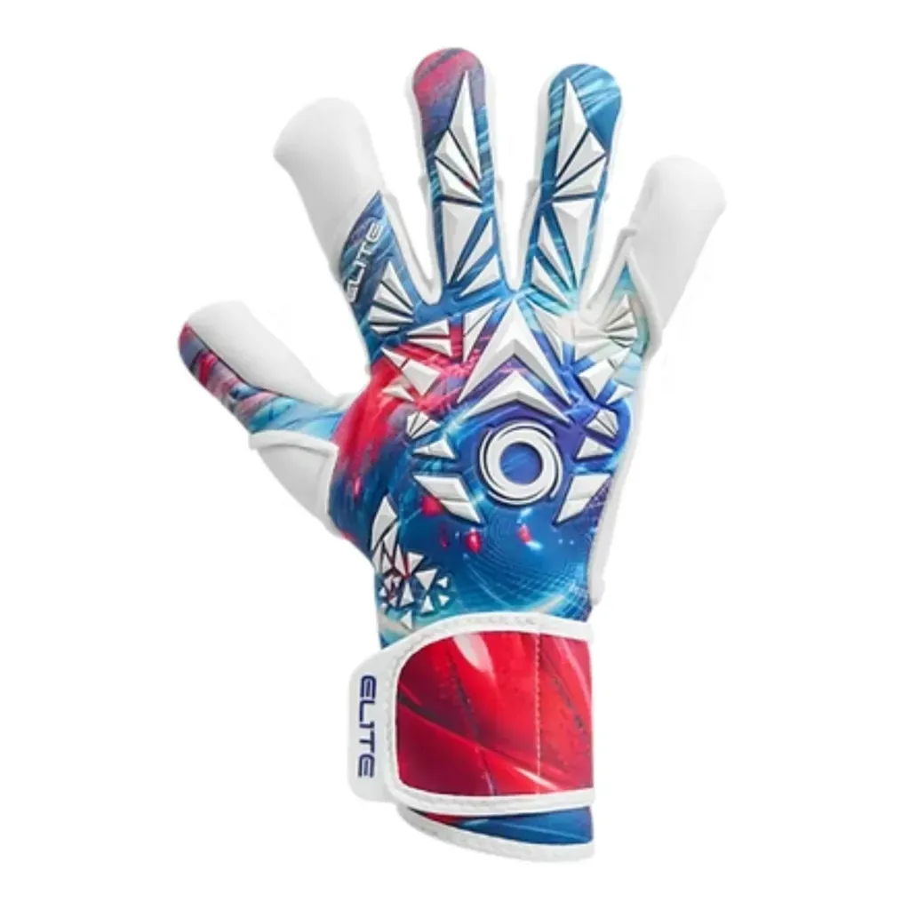 Guantes de portero blancos con diseño en rojo, azul y blanco; texto 