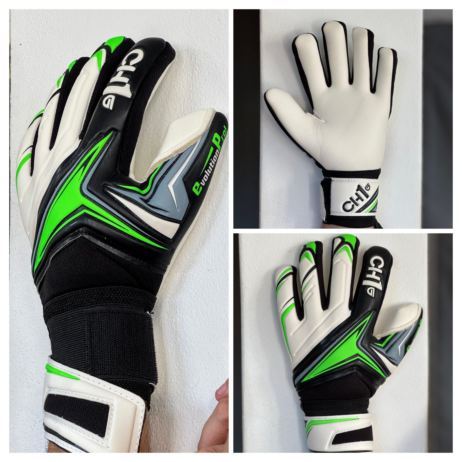 Guantes de portero, blanco, negro y verde, en tres vistas: frontal, posterior y lateral.