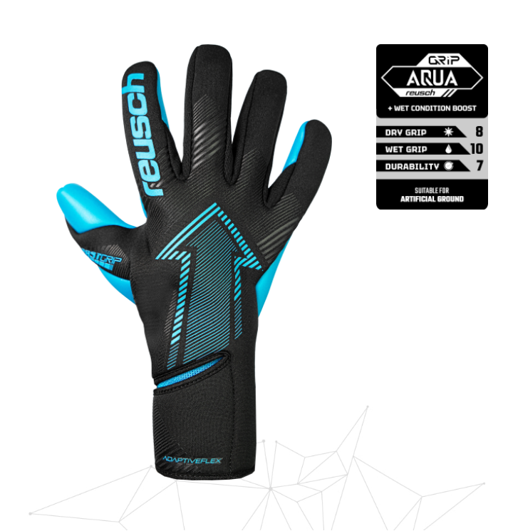 Guantes de portero Reusch negros y azules. Incorporan tecnología Aquagrip y un sistema de clasificación en el lateral.