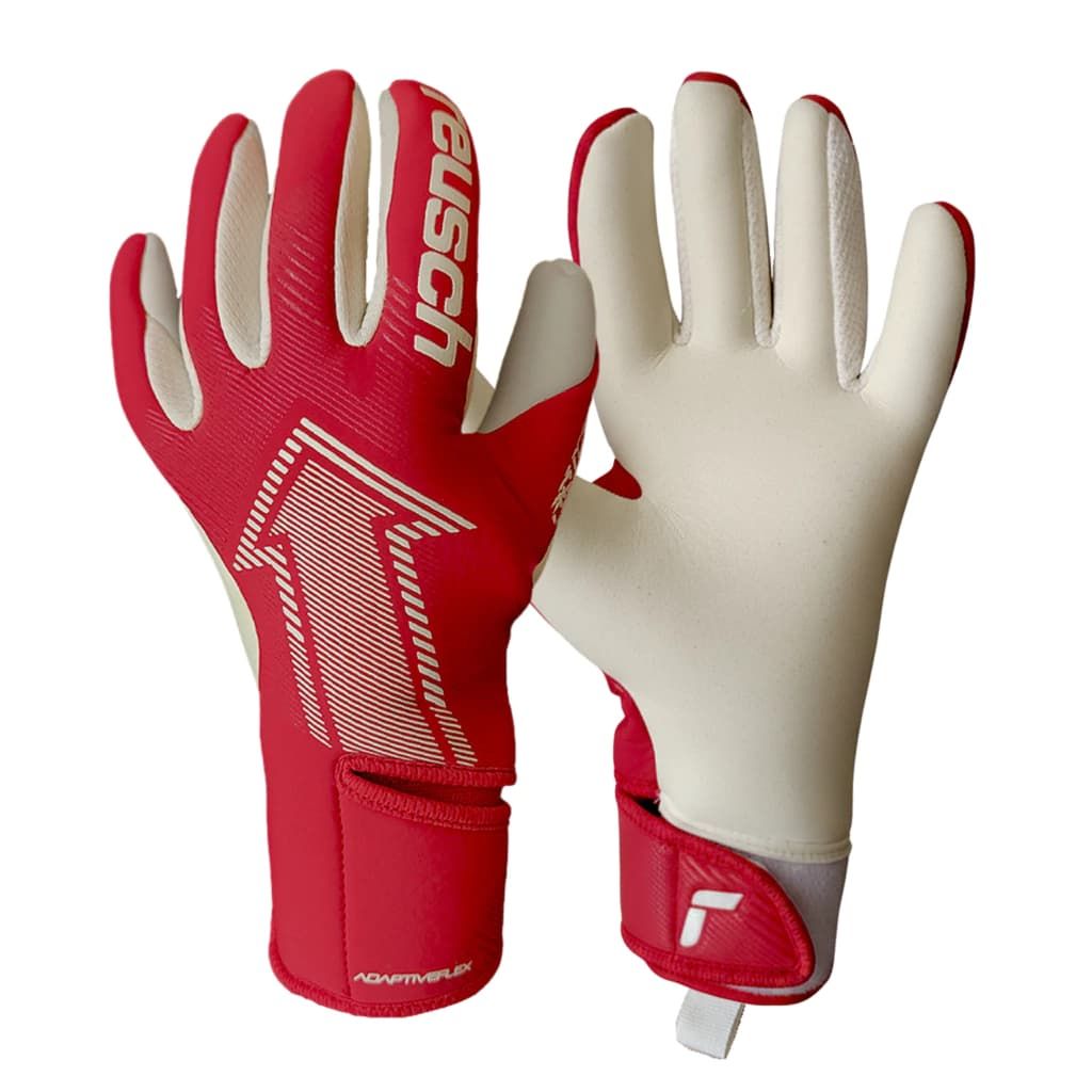 Guantes de portero de fútbol Reusch rojos y blancos.