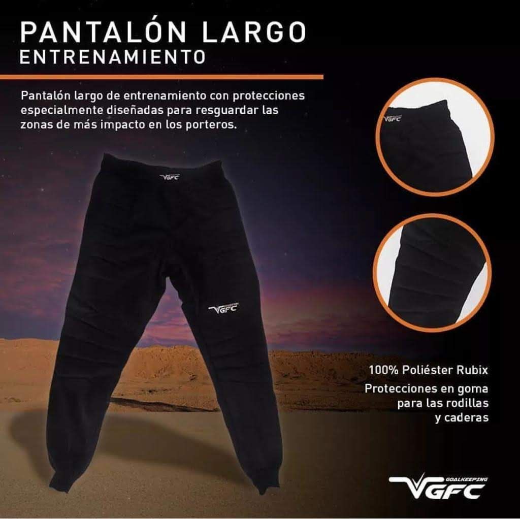 Pantalón de entrenamiento negro con protección en rodillas y caderas, anuncio del producto con detalles.