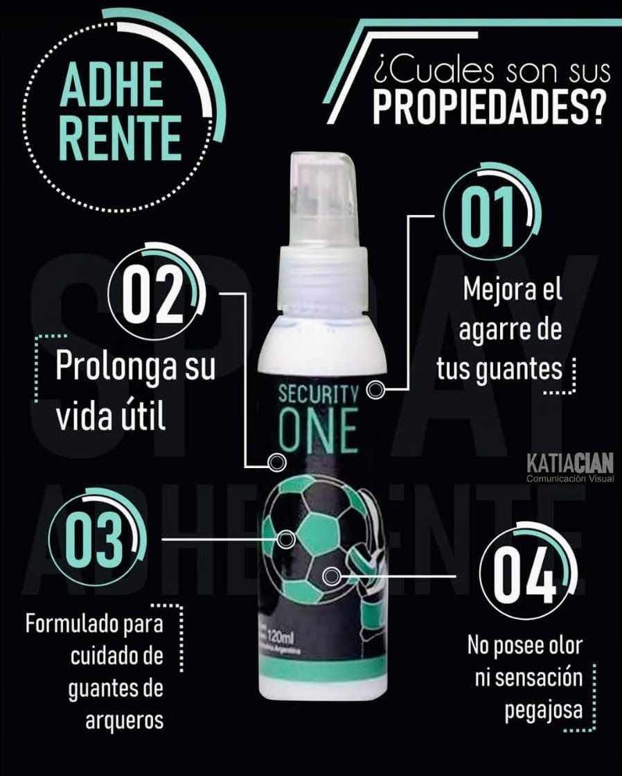 Anuncio del producto Security One, un spray adhesivo para guantes de portero, con propiedades enumeradas.
