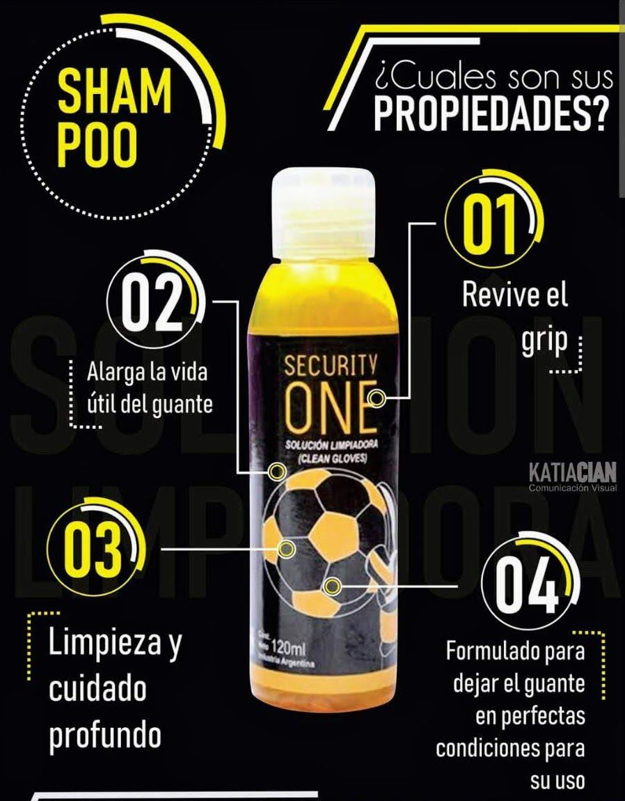 Botella amarilla de champú Security One con balón de fútbol, ​​promocionado para recuperar el agarre, prolongar la vida útil de los guantes, limpiarlos profundamente y prepararlos.