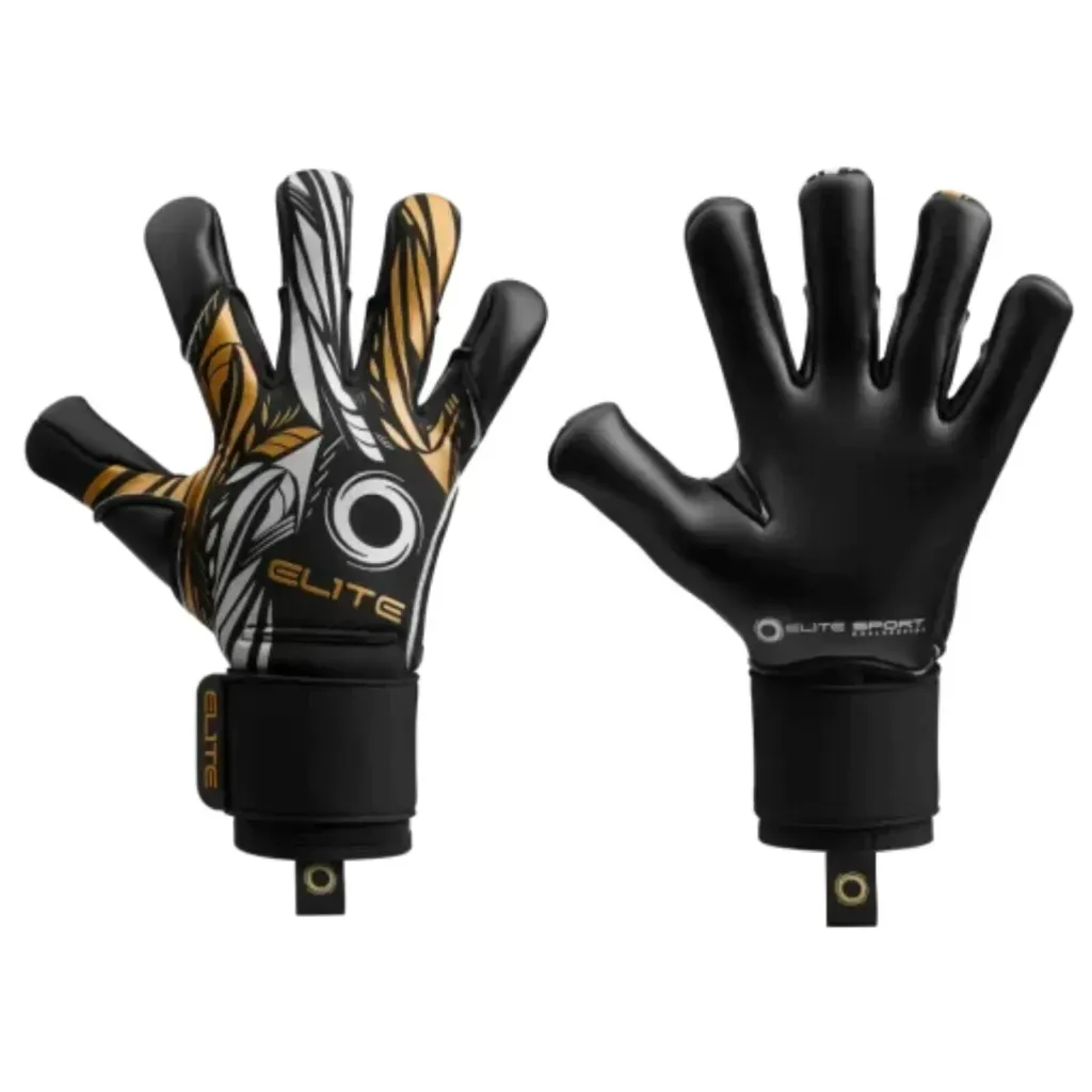 Guantes de portero negros y dorados, palma hacia afuera, correa de muñeca con logotipo.
