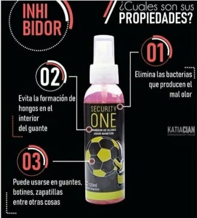 Anuncio de Security One, un producto para eliminar el mal olor de guantes, zapatos y artículos similares. Muestra el producto y sus beneficios.