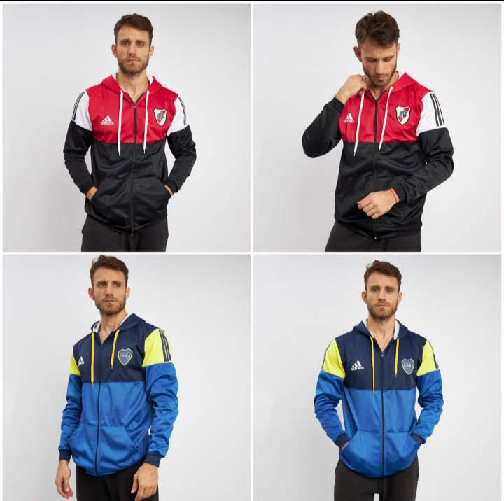Cuatro imágenes: un hombre con una chaqueta negra, roja y blanca y una chaqueta azul y amarilla con los logotipos del equipo, en diferentes poses.