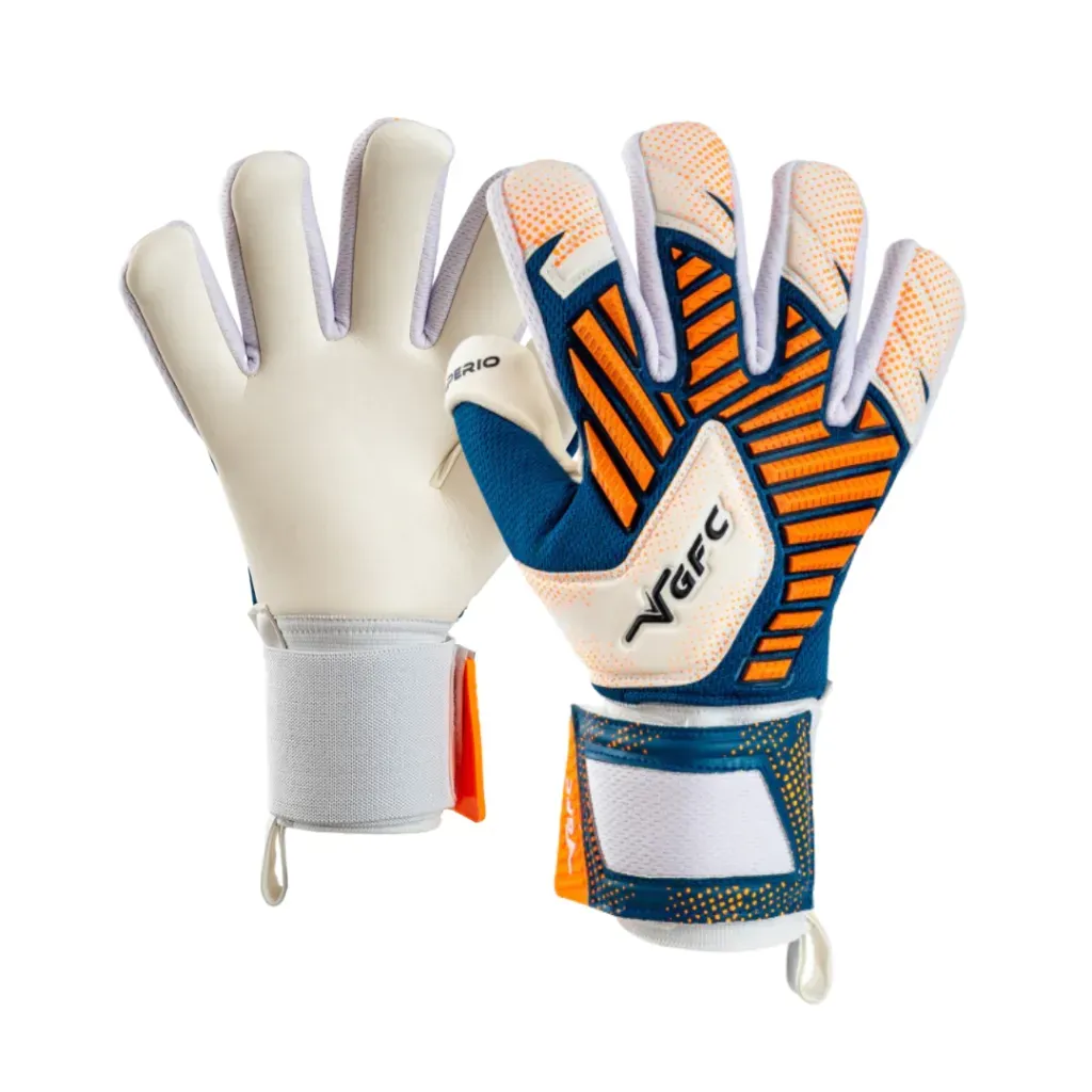 Guantes de portero de fútbol, ​​color blanco/azul/naranja, con texto que describe características: corte, palma, dorso, cuerpo, puño, cierre y refuerzos rígidos.