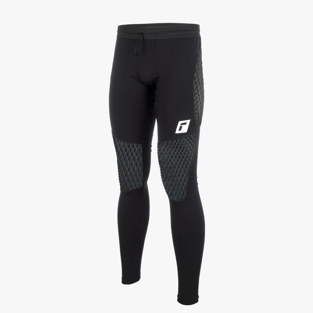 Mallas deportivas de compresión negras con logotipo blanco y paneles texturizados grises en las rodillas, aisladas sobre un fondo blanco.