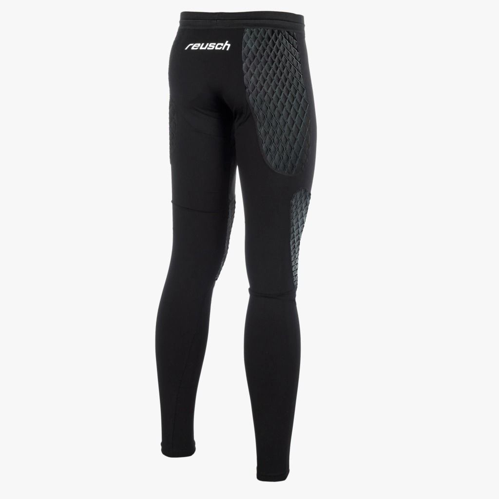 Mallas deportivas de compresión negras con logotipo blanco y paneles texturizados grises en las rodillas, aisladas sobre un fondo blanco.