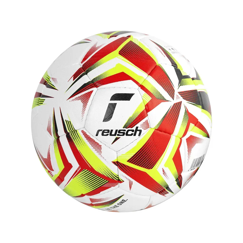 Un balón de fútbol blanco de la marca Reusch con un estampado geométrico en rojo, amarillo y negro sobre un fondo liso.