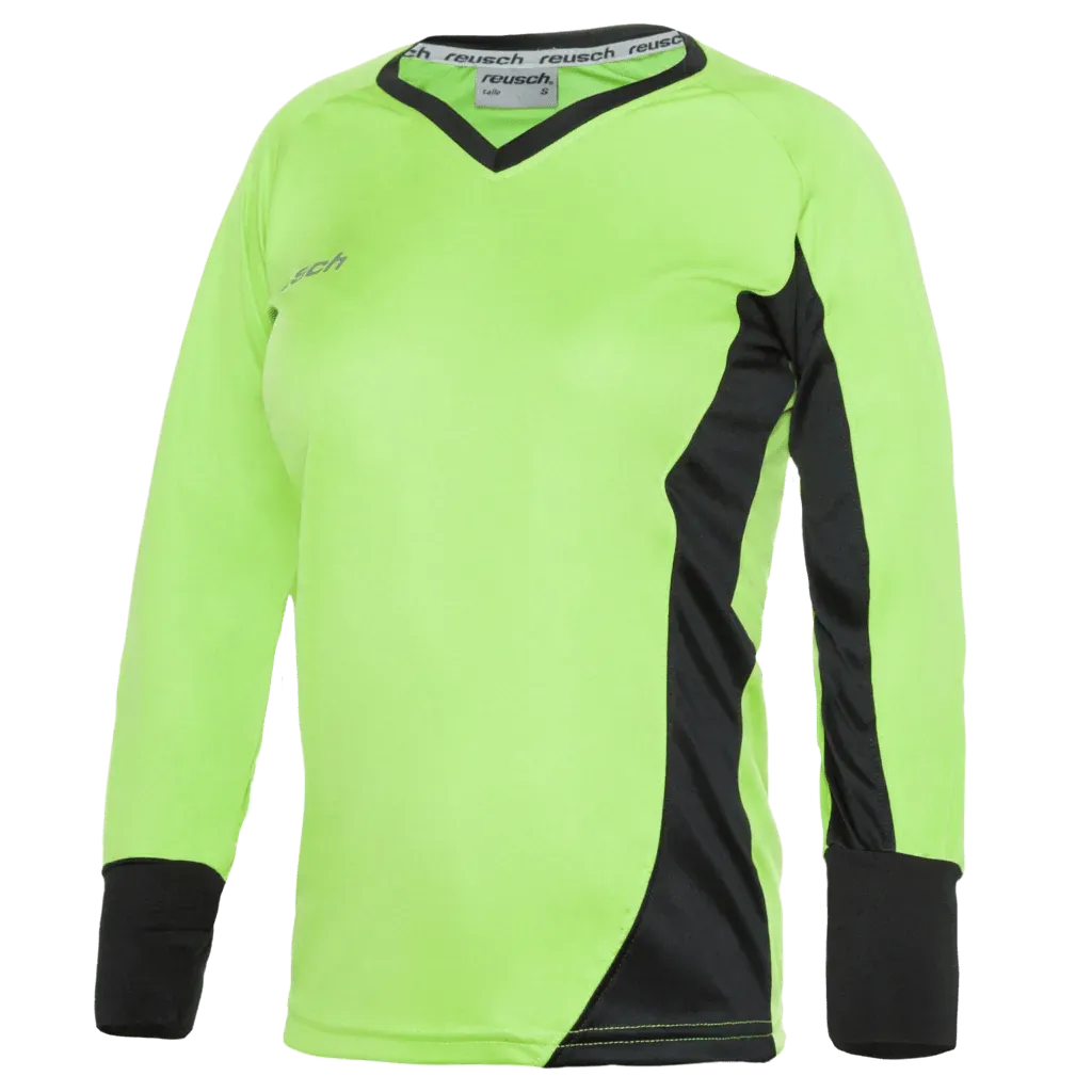 Camiseta deportiva de manga larga color verde lima con paneles laterales y puños negros; cuello redondo.