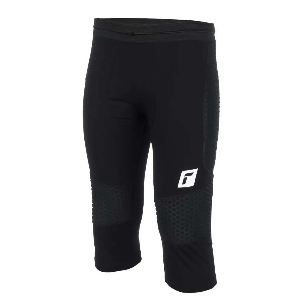 Pantalón capri de compresión deportivo negro con estampado de panal en las rodillas y logotipo blanco.