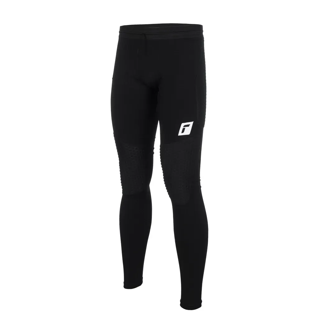 Pantalón de compresión negro con logo blanco en el muslo izquierdo.