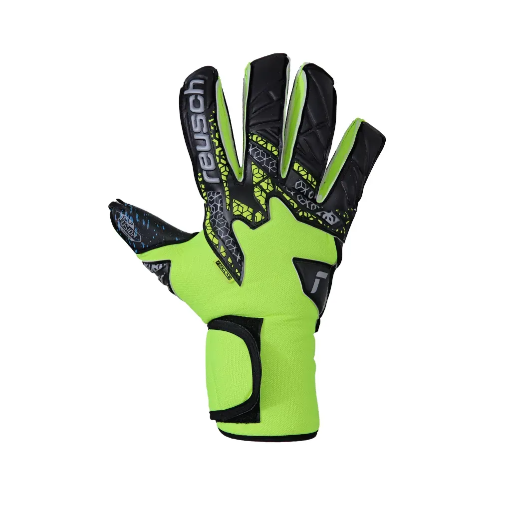 Un par de guantes de portero de fútbol Reusch de color amarillo neón y negro, mostrados desde la parte delantera y trasera.