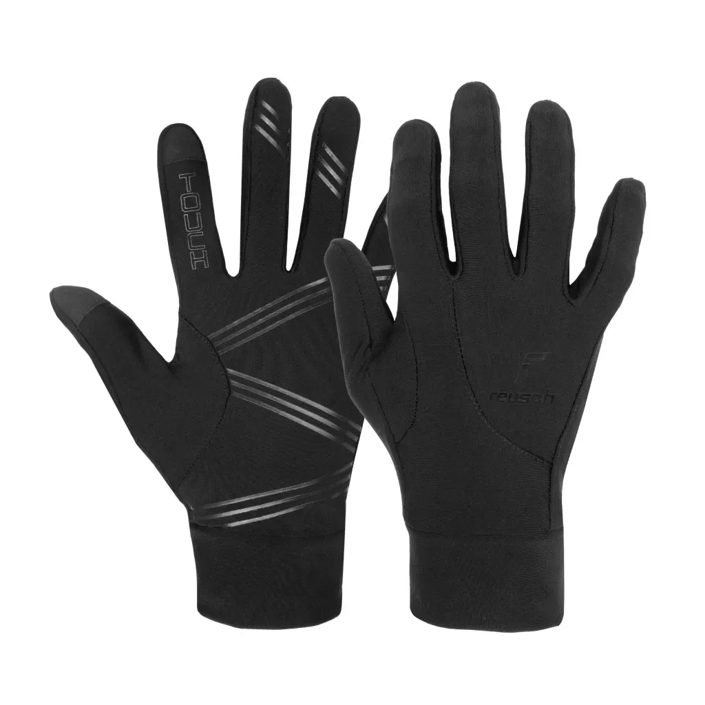Guantes negros con bandas reflectantes y puntas de los dedos compatibles con pantalla táctil.