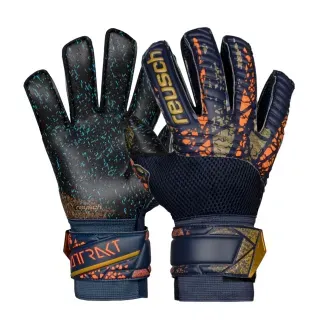 Guantes de portero de fútbol Reusch de color azul oscuro y naranja.