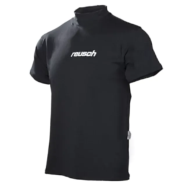 Camisa de cuello alto de manga corta Reusch negra con logotipo blanco.