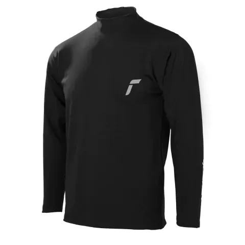 Camisa negra de manga larga con cuello alto y pequeño logo en el pecho.