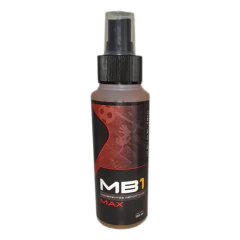 Botella de producto en spray MB1 MAX con bomba negra, líquido marrón y etiqueta.