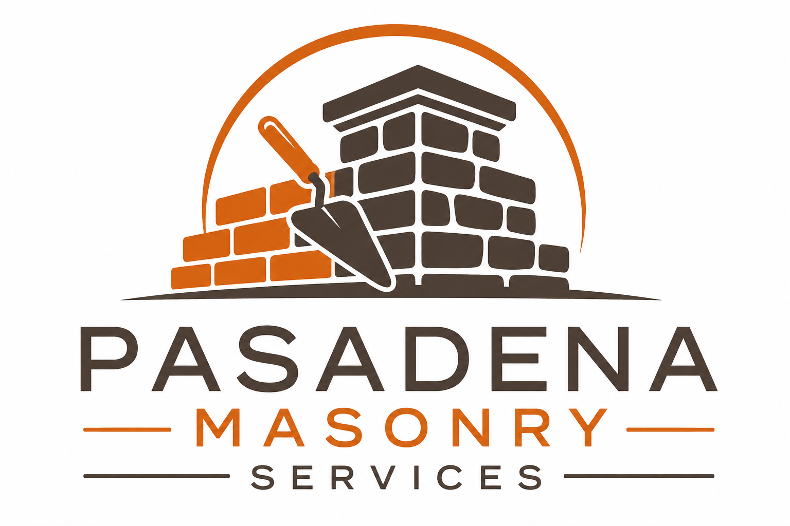 Pasadena Masonry Services logo featuring a brick chimney, masonry trowel, and brick wall icon in orange.
