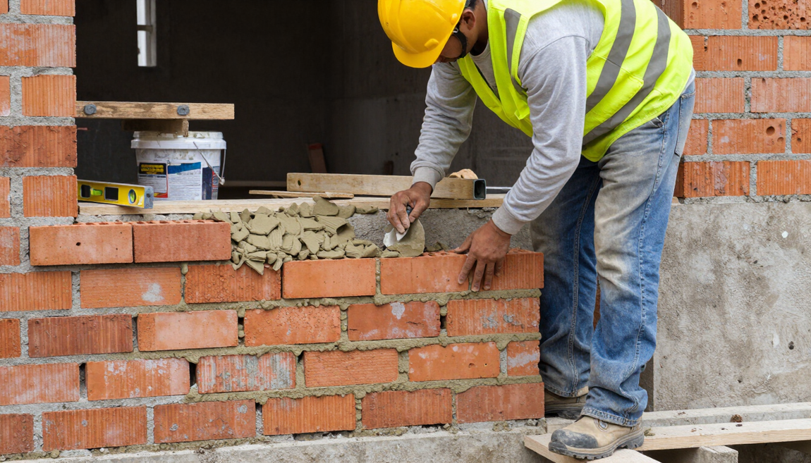 Worker spreading mortar across a brick wall during masonry service in Pasadena, TX