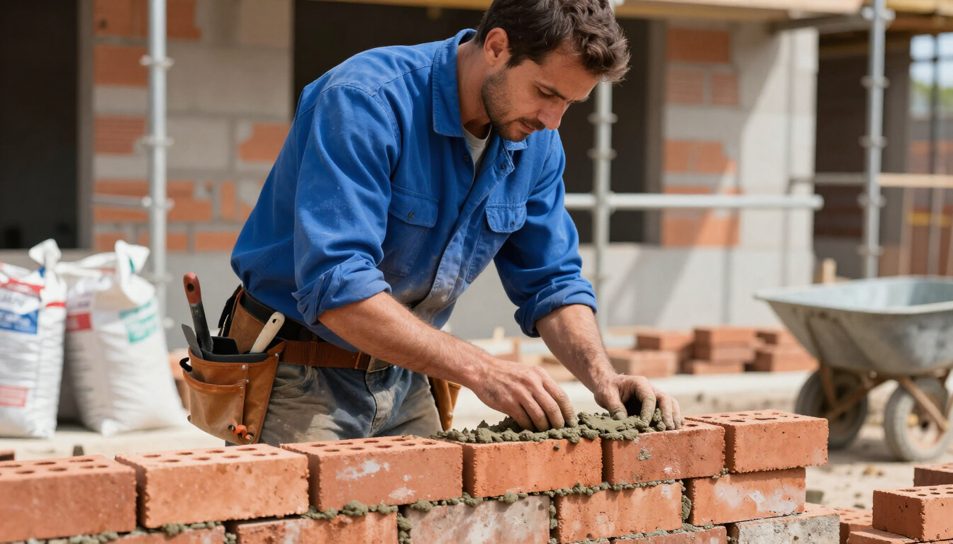 Worker laying red brick blocks with fresh mortar during masonry service in Pasadena, TX