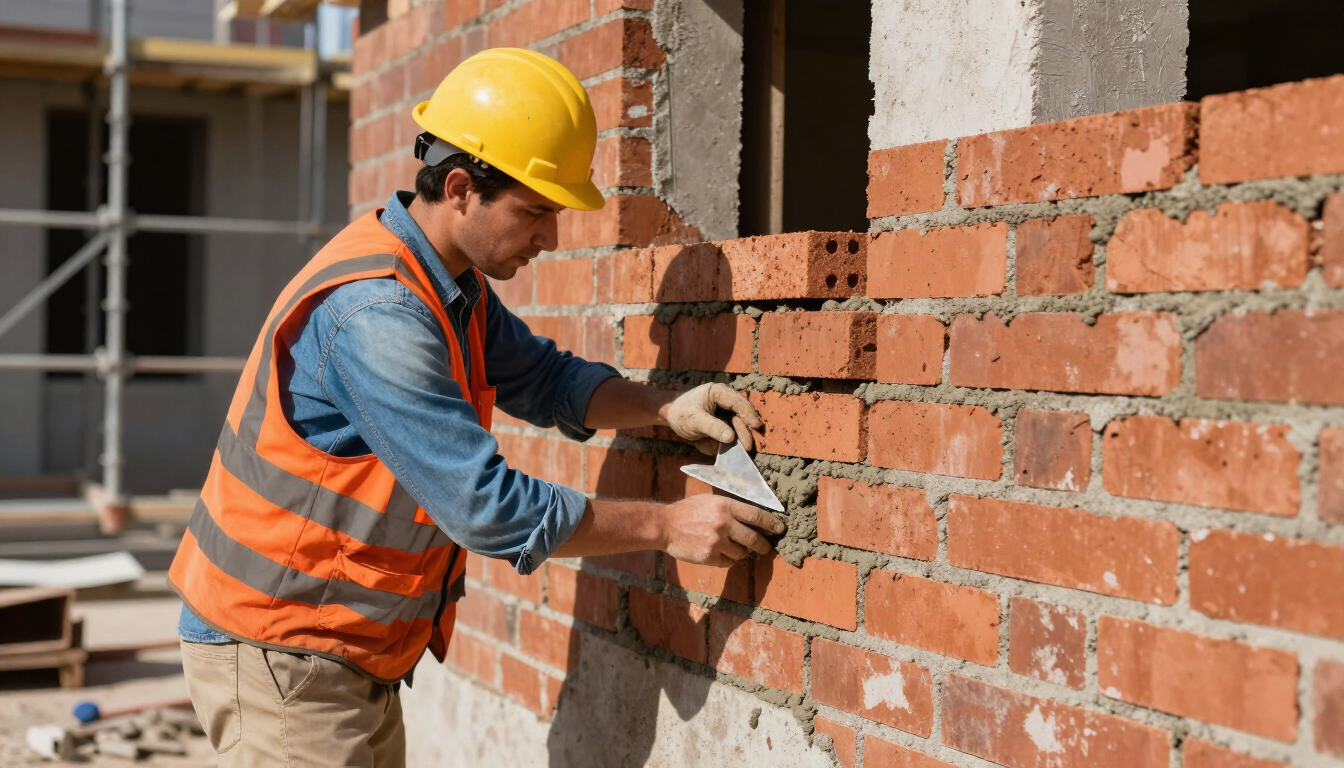 Worker repairing a red brick wall with mortar during masonry service in Pasadena, TX