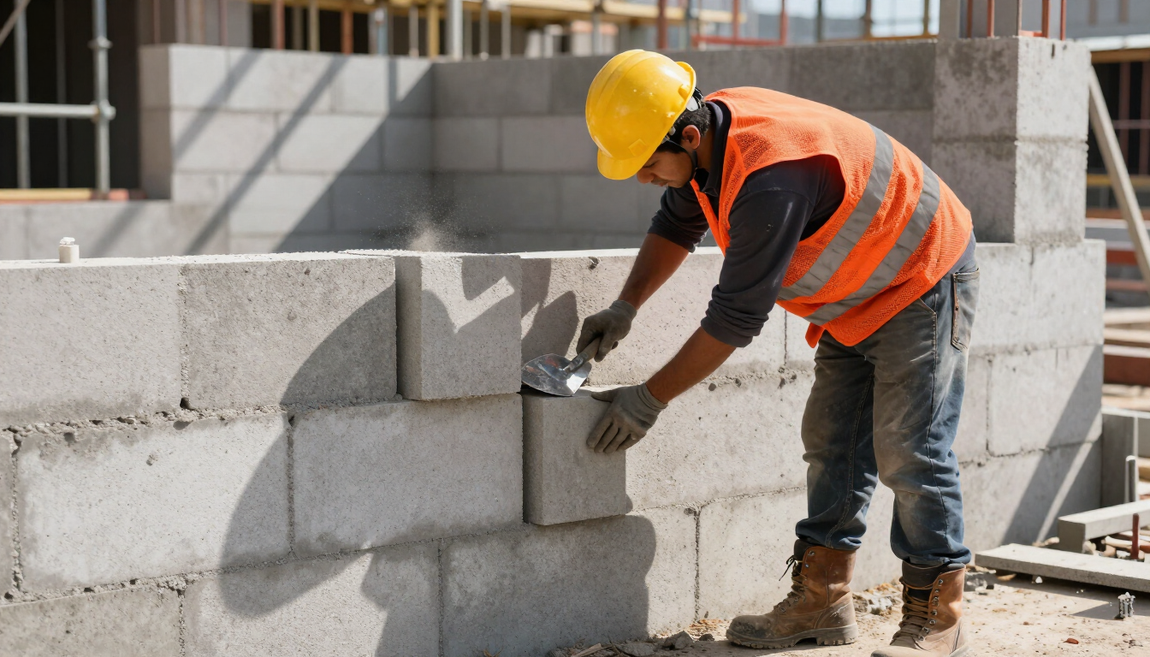 Worker setting concrete blocks in place for masonry service in Pasadena, TX