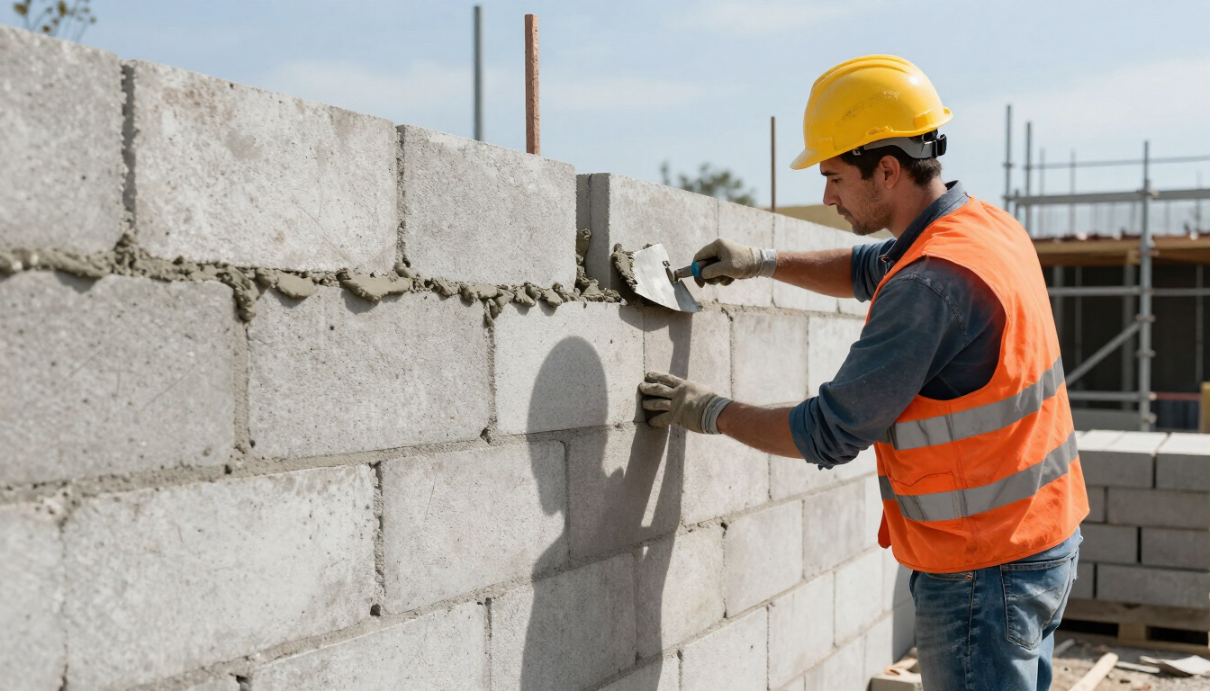 Worker applying mortar to a concrete block wall during masonry service in Pasadena, TX