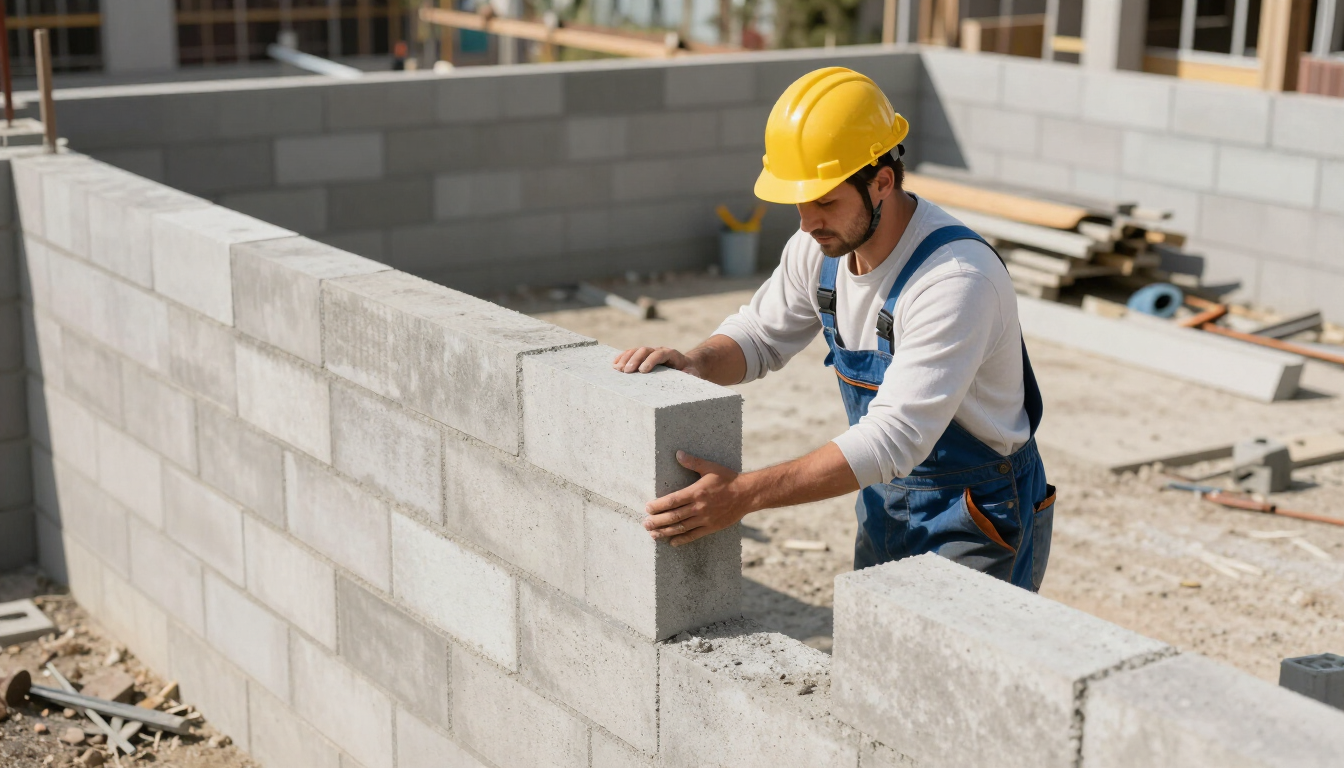 Worker placing concrete blocks for a sturdy wall during masonry service in Pasadena, TX