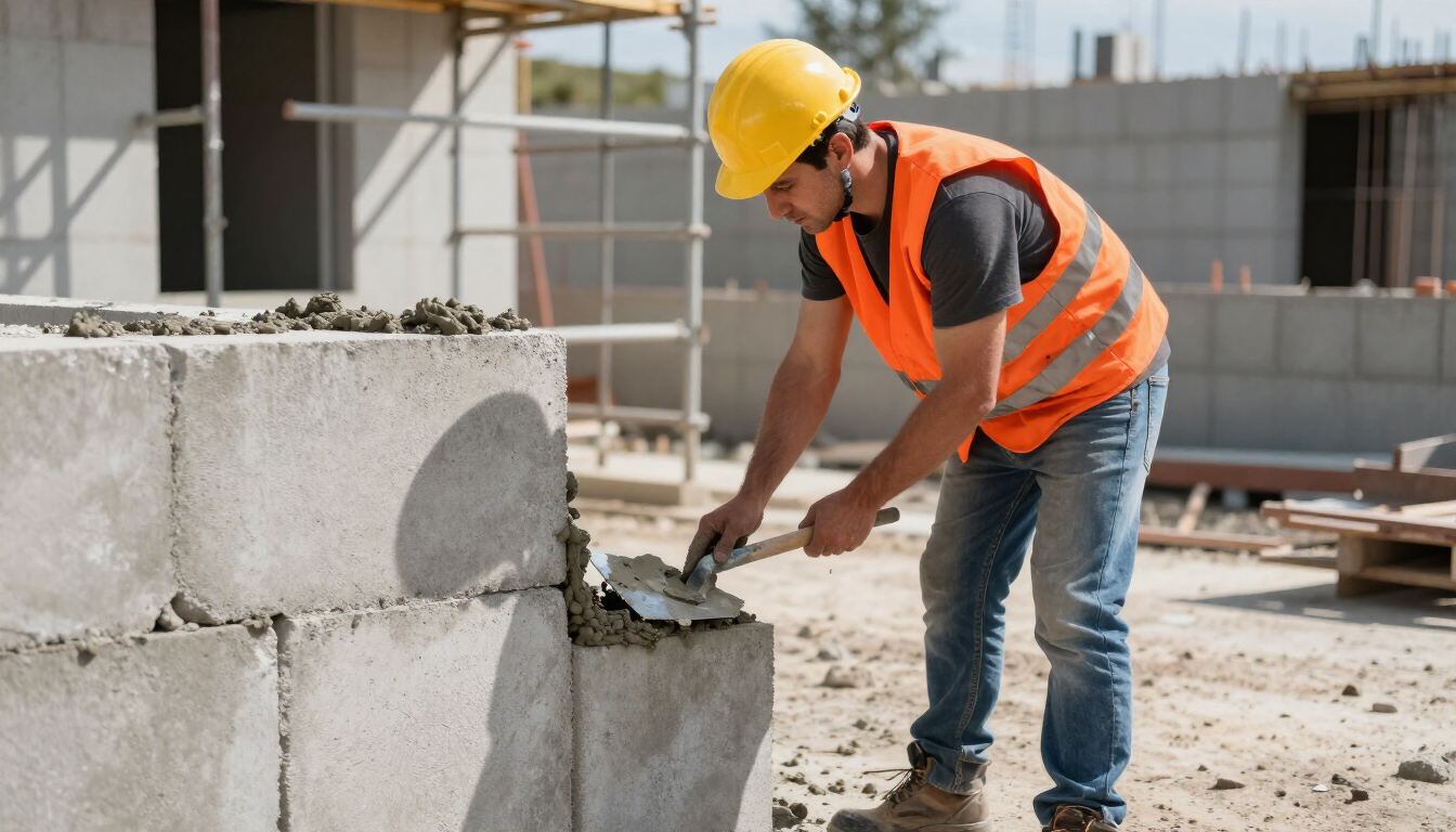 Worker applying mortar to a concrete block wall during masonry service in Pasadena, TX