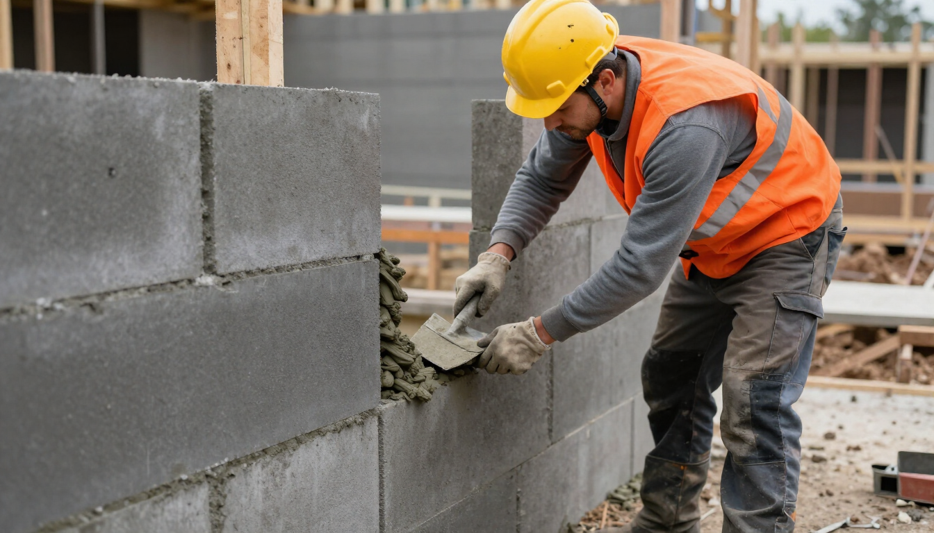 Worker smoothing mortar on a gray masonry wall during masonry service in Pasadena, TX