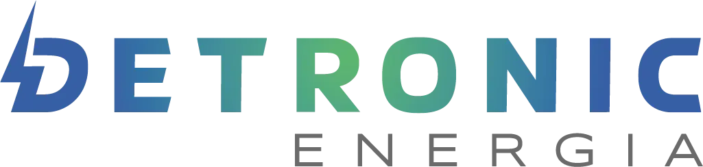 O logotipo da detronic energia é azul e verde com um raio.