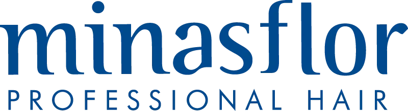O logotipo da minasflor professional hair é azul e branco