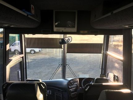 view from the front of a charter bus