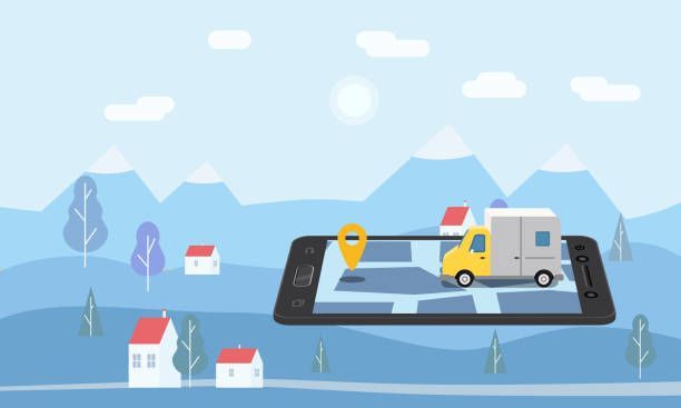 Delivery truck on phone screen map, houses and mountains in background.