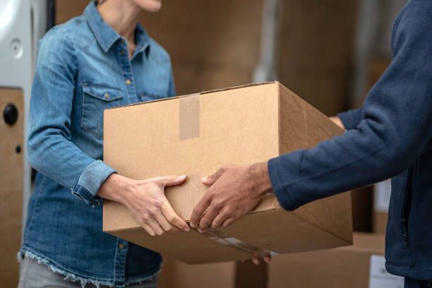Person in denim shirt and another in blue jacket holding a cardboard box, likely delivering goods.
