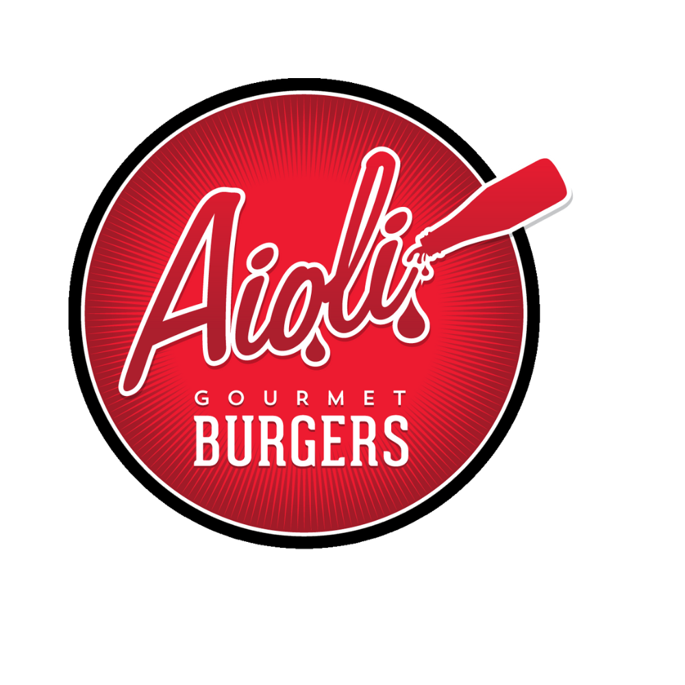 A logo for a restaurant called aioli gourmet burgers