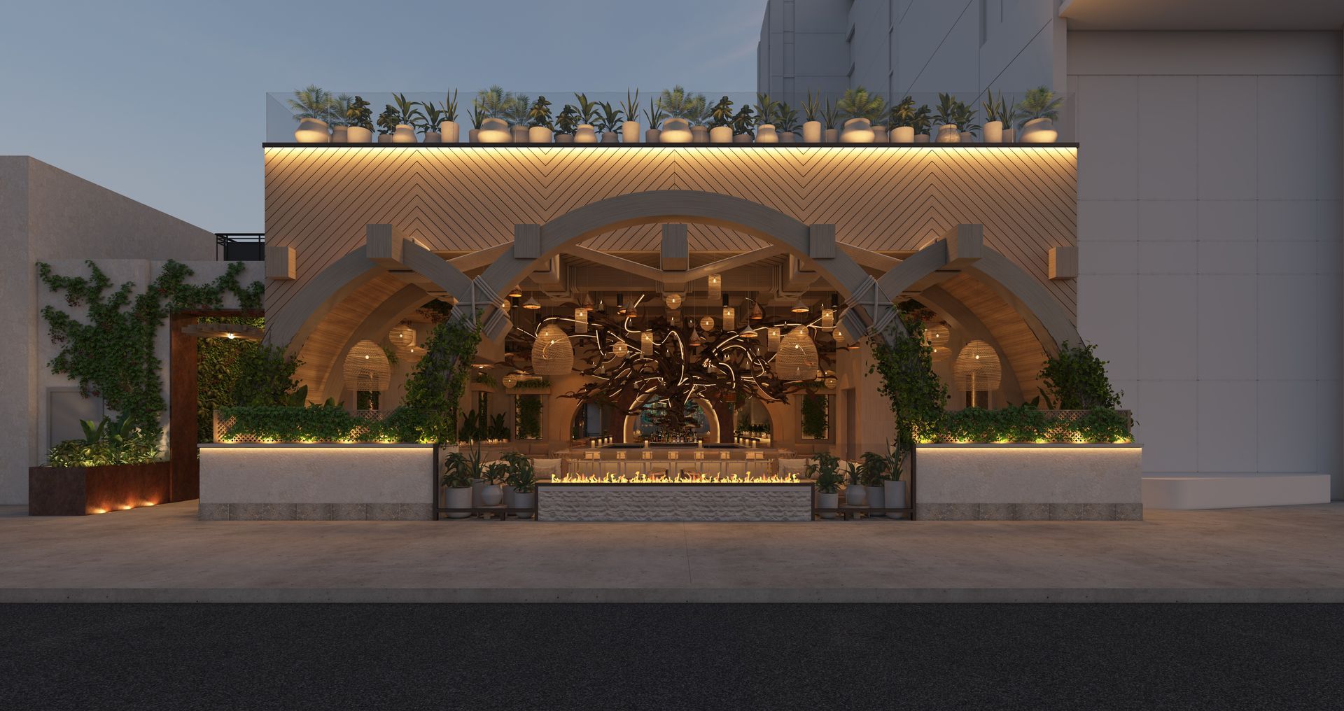 A 3d rendering of a restaurant with a lot of plants on the roof.