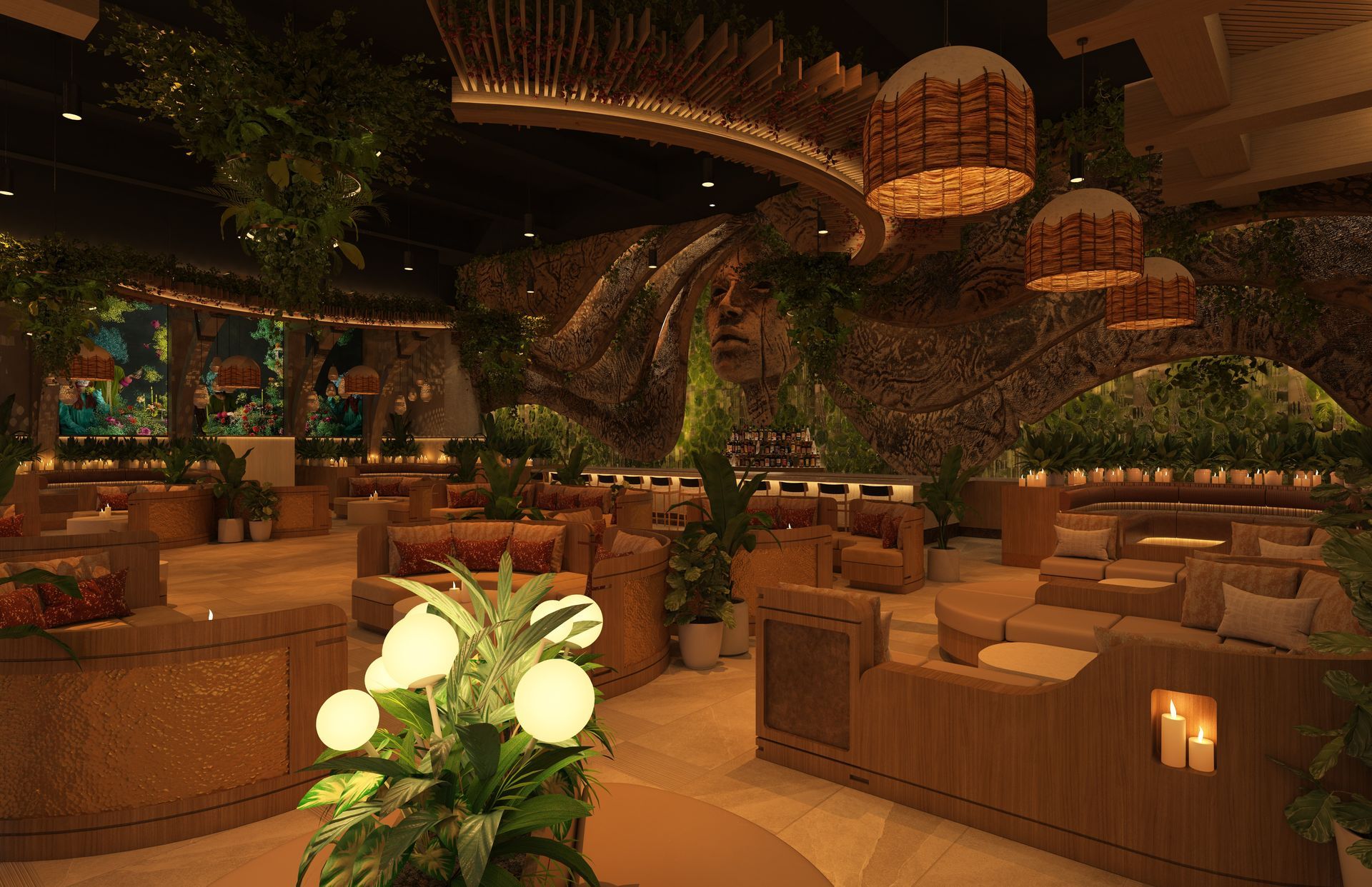 A large room with lots of furniture and plants.
