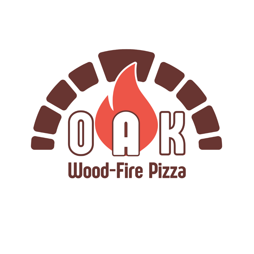 A logo for oak wood fire pizza with a flame in the middle.