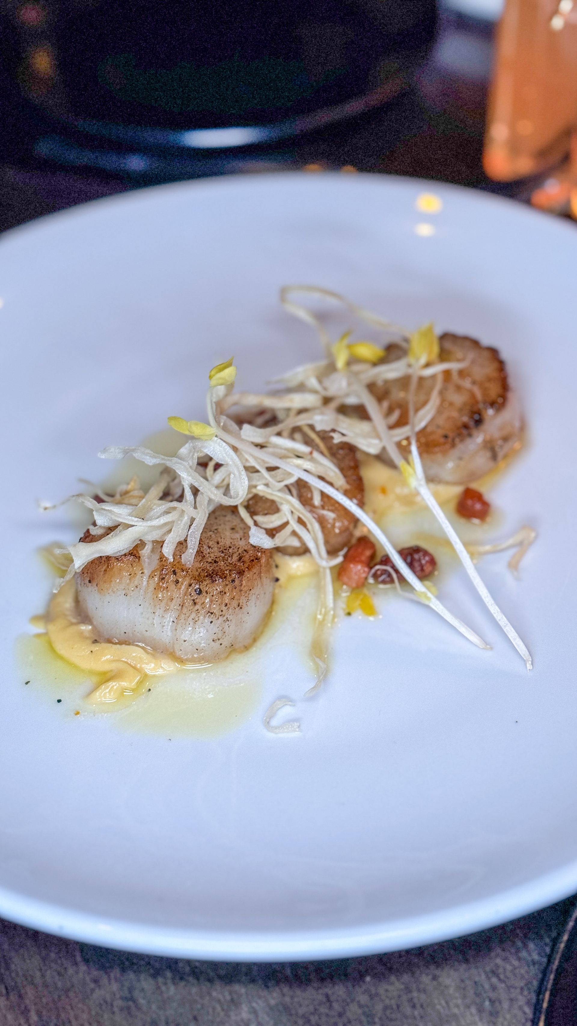 A close up of a plate of scallops on a table.